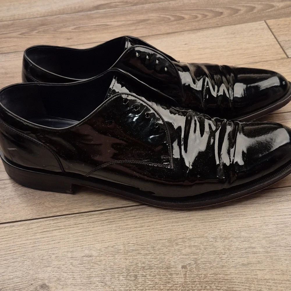 SALVATORE FERRAGAMO Tux Black Patent‎ Leather Sz 12 D Oxfords Mens Dress Shoes
